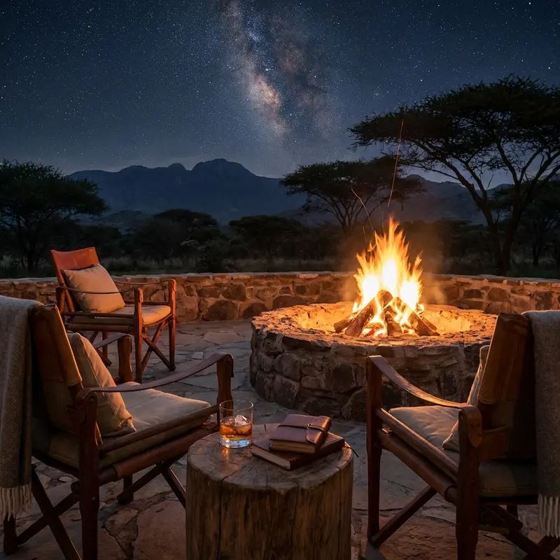 Fire pit in the garden of Nilo Forest Lodge in the evening